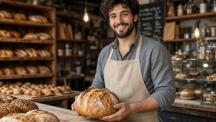 Local bakery owner behind the counter