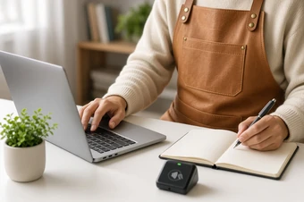 Small business owner planning at her laptop